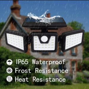 Solar Motion Sensor LED Security Light – 3 Adjustable Heads, IP65 Waterproof Outdoor Wall Light with Solar Panel, Heat & Frost Resistant for Garden, Garage & Yard